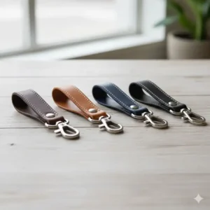A collection of mens leather keyring in various colors including tan, chocolate brown, and navy blue.