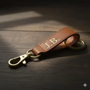 A custom embossed leather key ring mens featuring gold foiled initials on tan leather.