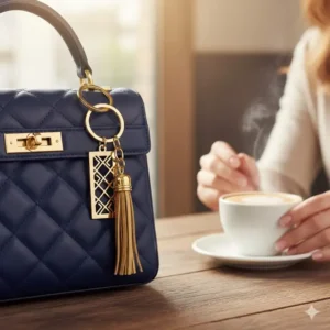 Stylish gold keychain accessory attached to a designer handbag, adding an elegant touch to your look.