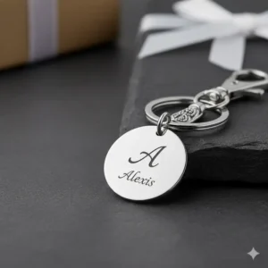 A personalized initial or name elegantly engraved on a round, silver fancy keychain, perfect for gifting.