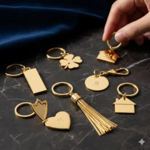 Assortment of gold keychains in various popular shapes like hearts, geometric, and tassel designs.