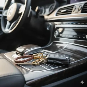 A durable yet beautiful key chain attached to a modern car key fob, showing how to accessorize car keys with beautiful key chains.