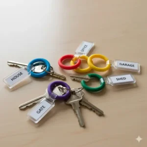 House keys sorted by color using specific colored key rings to distinguish between doors.