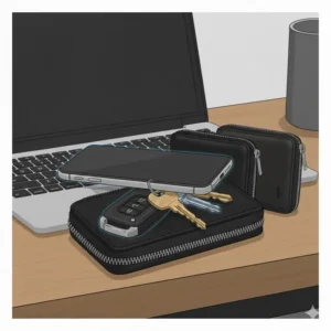 The zippered key case fully zipped up, highlighting how it keeps sharp keys protected and prevents scratching phones or linings.