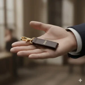 A lifestyle photo of a hand holding the handcrafted luxury leather key ring, showing its ergonomic size and feel.