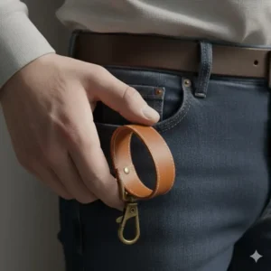 A man holding a mens leather keyring to show its compact size and ergonomic design.