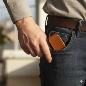 A slim profile leather key ring mens being held in a hand to demonstrate its compact size.