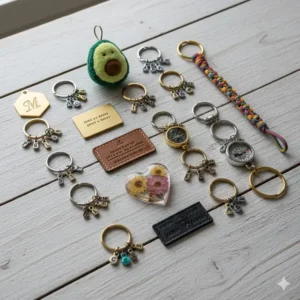An organized flat lay of a variety of unique and beautiful key rings, including novelty and personalized items.