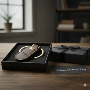 Presentation of the mens keychain leather inside a luxury gift box, ideal for a holiday or birthday present.