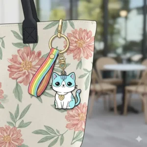 A whimsical illustration of a cute cat-shaped enamel pin attached to a colorful and appealing fancy keychain for bags.