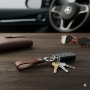 Elegant leather strap male keychain holding a modern car key fob and house keys.