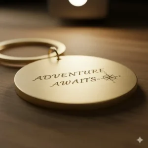 A macro photograph detailing the fine craftsmanship of an engraved metal item among the beautiful key rings collection.