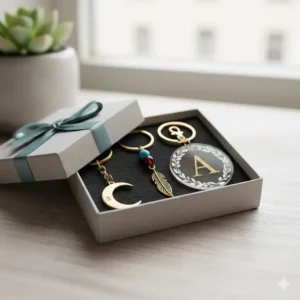 A set of three unique and beautiful key chains presented neatly in an attractive, small gift box with ribbon, ideal for gifting.