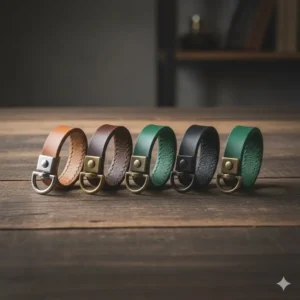 A collection of leather key ring mens in tan, chocolate, black, and forest green colors.