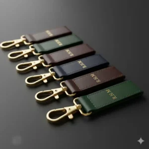 An assortment of luxury leather key ring variants laid out, displaying the full range of available colors (e.g., brown, navy, burgundy).