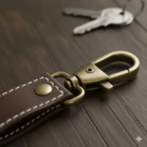 Detail shot of the durable antique brass hardware and clasp on a rugged mens leather keyring.