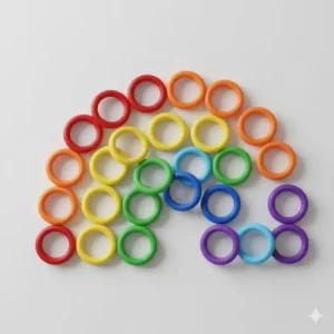 A minimalist flat lay of circular colored key rings arranged in a rainbow spectrum.