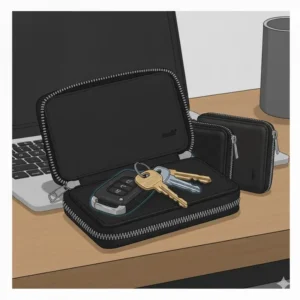 Zippered key case opened to show a standard house key set and a bulkier car key fob comfortably fitting inside.