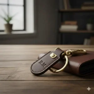 A clear view of the custom debossed monogram on the personalized mens keychain leather.