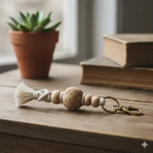 A detailed shot of a unique, handmade macrame and wooden bead fancy keychain with a bohemian aesthetic.
