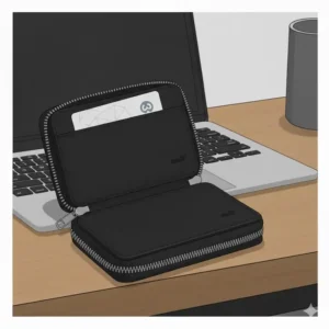 Back view of the zippered key case which includes a small exterior slip pocket perfect for a transit card or emergency cash.