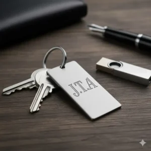 Custom engraved metal male keychain with personalized initials on a brushed steel plate.