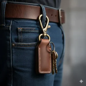 A rugged leather key ring mens clipped onto a denim jeans belt loop for easy access.