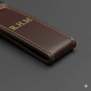 Extreme close-up of the meticulous hand-stitching and perfectly finished edges of the durable luxury leather key ring.