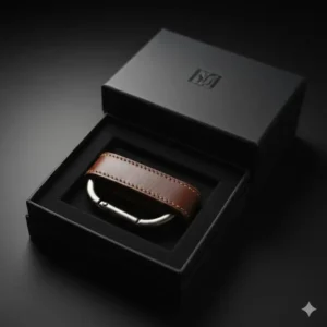 A mens leather keyring presented in a luxury black gift box, ideal for Father’s Day or anniversaries.