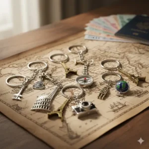 A collection of travel-themed beautiful key chains, featuring tiny compasses, globes, and landmark charms for adventurers.