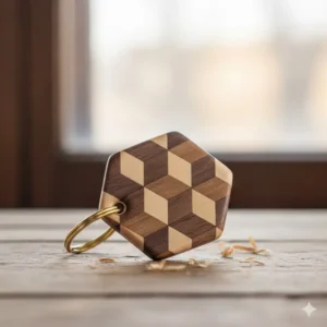 A handcrafted wooden accessory featuring a modern geometric pattern, highlighting natural and beautiful key rings.