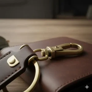 Close-up on the solid brass clasp and ring hardware of the sturdy mens keychain leather.