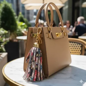 A stylish photograph demonstrating how to use a large, decorative fancy keychain to accessorize a designer handbag.