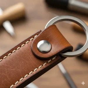 Close-up view of the stitching and grain of a genuine leather key chain for men.