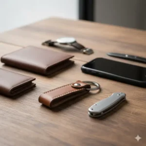 A minimalist leather key chain for men paired with a wallet and smartphone as part of an everyday carry set.