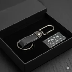 A black leather key chain for men presented in a stylish gift box, ideal for Father's Day or birthdays.
