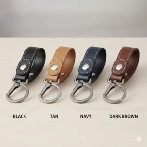 Multiple leather key chains for men shown in black, tan, navy, and dark brown colors.