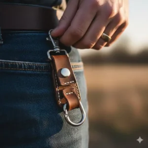 A man wearing a handcrafted leather key chain for men attached to his denim jeans belt loop.