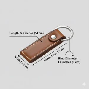 Diagram showing the length and width measurements of a standard leather key chain for men.
