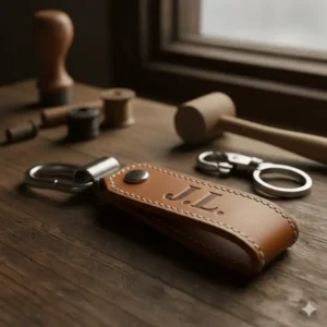 An embossed leather key chain for men featuring custom initials for a personalized touch.
