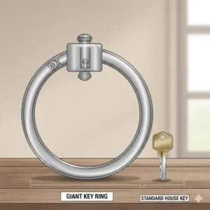 A giant key ring shown next to a standard house key to demonstrate its oversized scale.