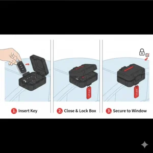 A step-by-step instructional diagram showing how to operate and secure automotive key lock boxes