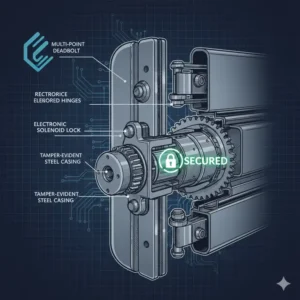 Technical diagram showing the heavy-duty locking mechanism of a dealership key box.