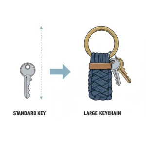 A digital illustration comparing a standard house key to a large keychain to highlight the size difference.