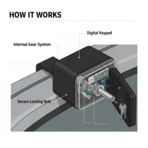 A technical diagram showing the internal locking mechanism of a digital vehicle key lock box.