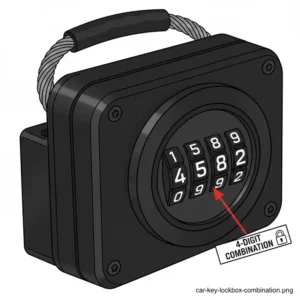 Close-up illustration of a 4-digit combination code dial on a car lockbox for keys.