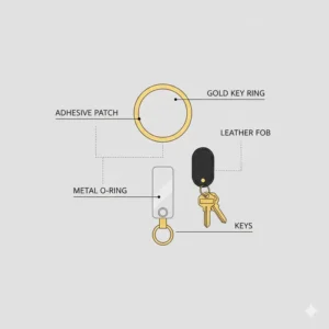 Detailed diagram showing the different parts of a cell phone key ring set.