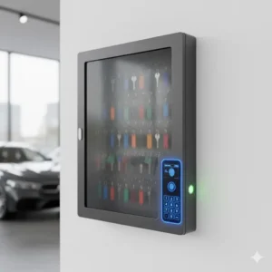 Digital illustration of a secure car dealer key box with an electronic keypad for security.