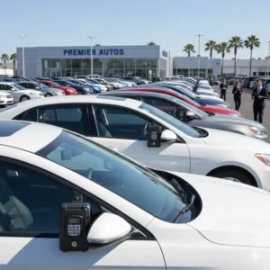 A row of cars at a dealership equipped with a vehicle key lock box on each window for agent access.