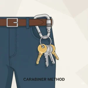 A heavy-duty climbing carabiner attached to a belt loop, illustrating a secure way to carry keys externally, another option for the best way to carry keys.